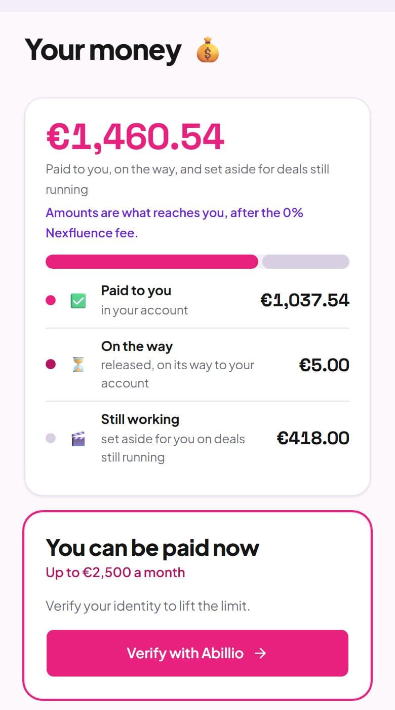 The demo creator's money page with the 'Verify with Abillio' identity check.